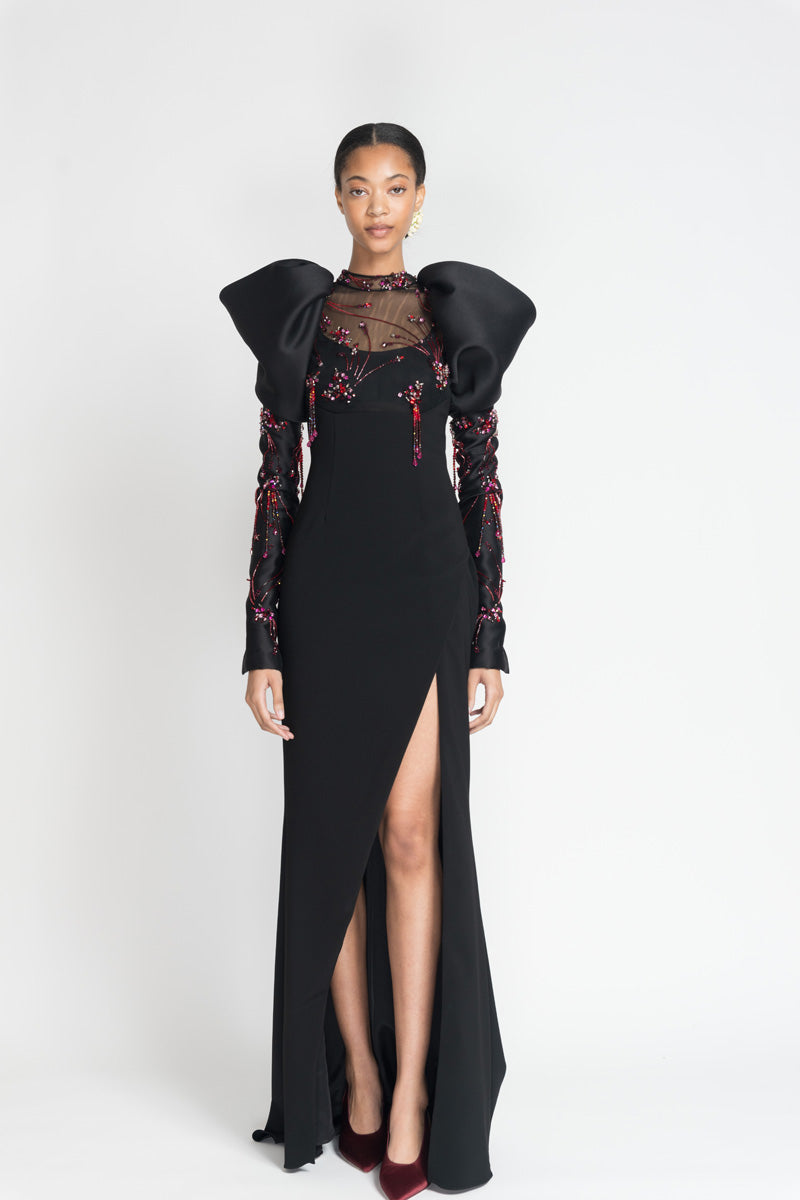 Black Crepe And Tulle Jhoti Embroidery Gown With Drape Gazaar Sleeves 2