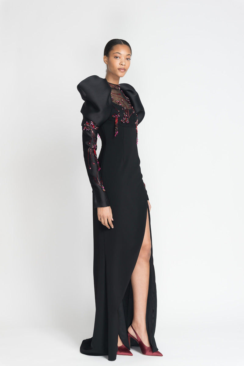 Black Crepe And Tulle Jhoti Embroidery Gown With Drape Gazaar Sleeves 3