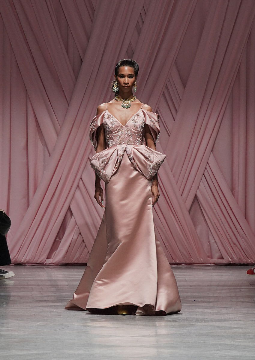 Blossom Double Face Duchess Satin Gown with Alpana Embroidery and Moulding Details 1