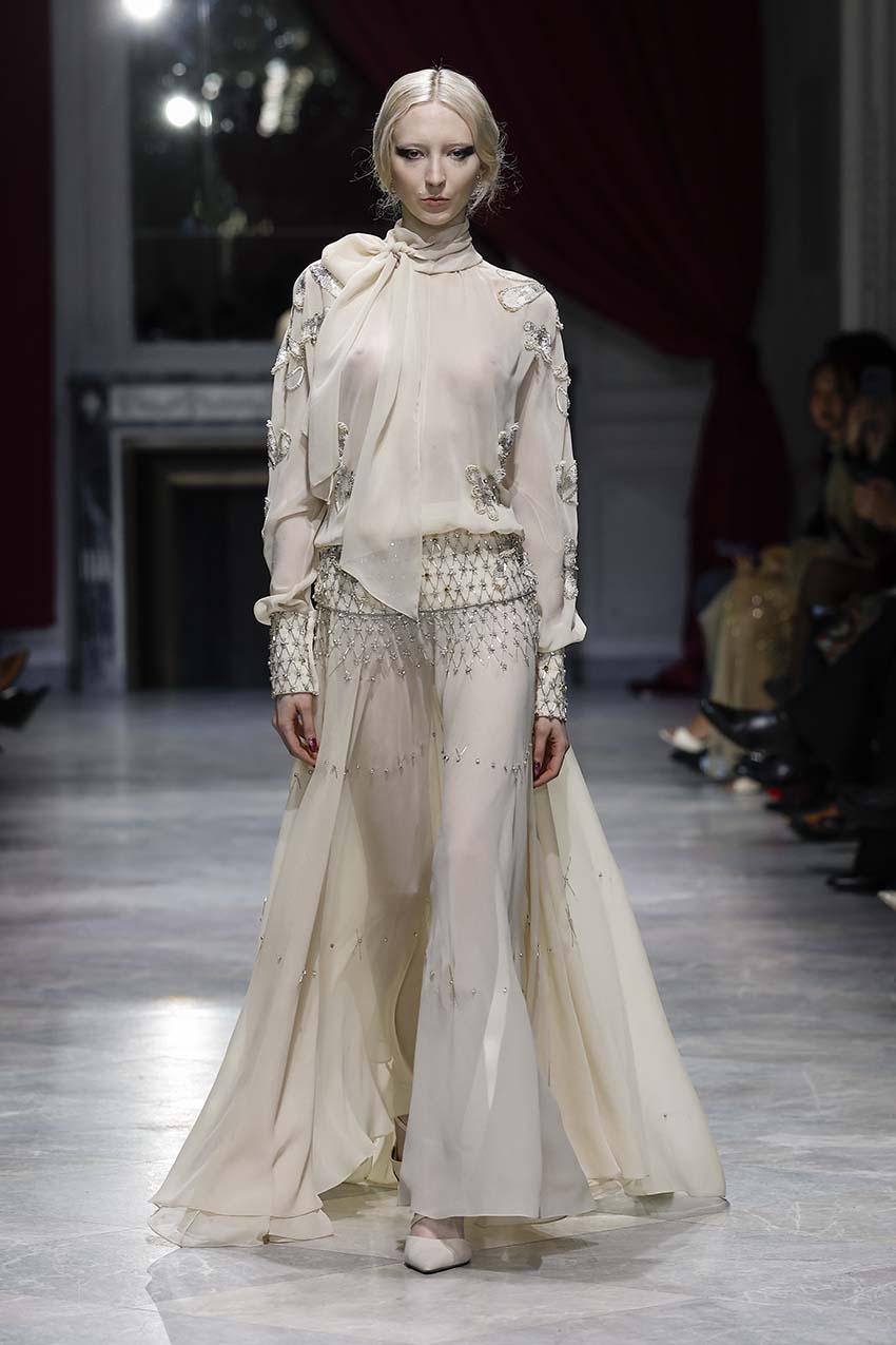 Light Sand Satin Crepe and Sheer Crepe Gown with Noor-Jaal Embroidery Front Runway