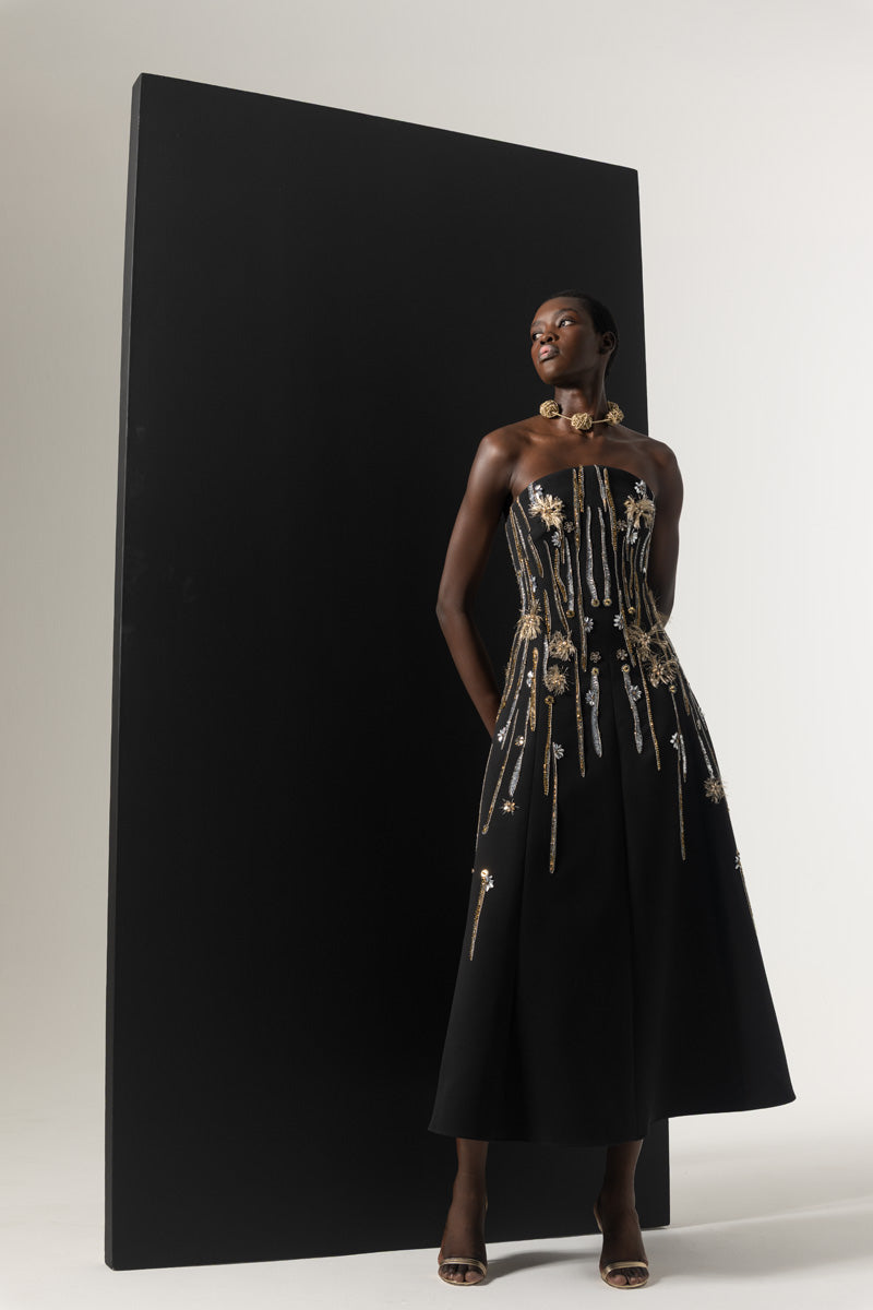 Onyx Cady Crystal Radicle Embroidered Strapless Cocktail Dress Front Runway