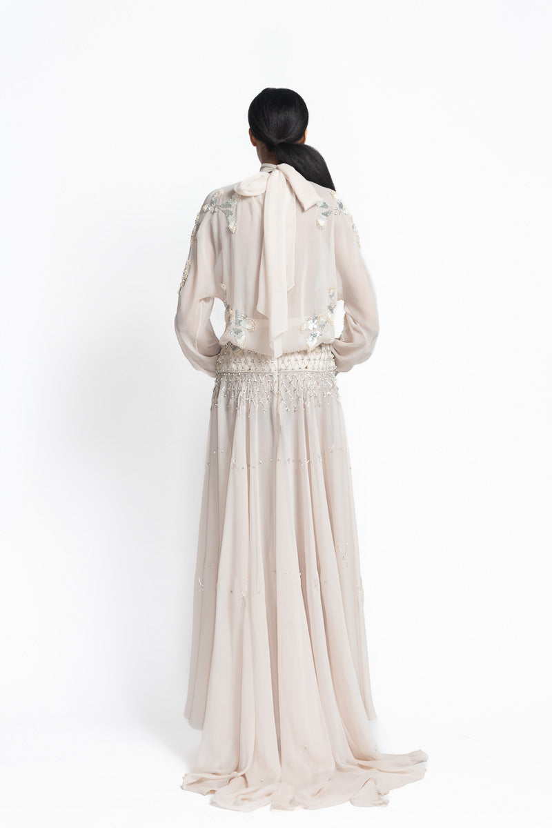 Light Sand Satin Crepe and Sheer Crepe Gown with Noor-Jaal Embroidery Back