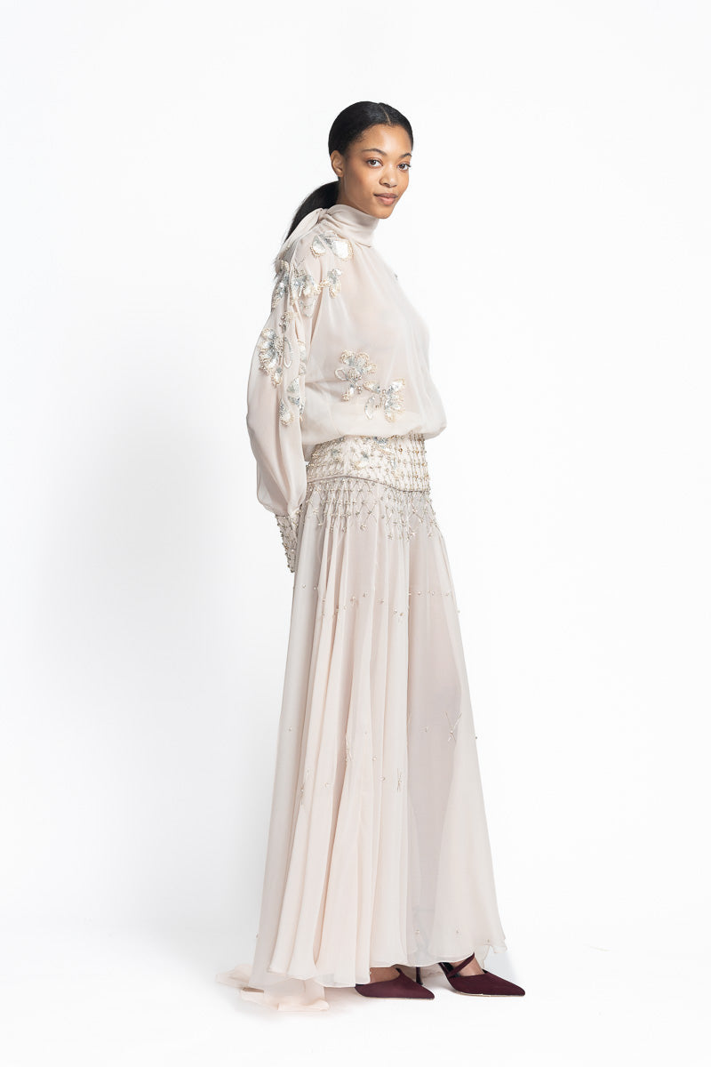 Light Sand Satin Crepe and Sheer Crepe Gown with Noor-Jaal Embroidery Side One
