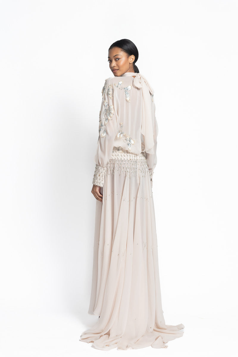 Light Sand Satin Crepe and Sheer Crepe Gown with Noor-Jaal Embroidery Side Two
