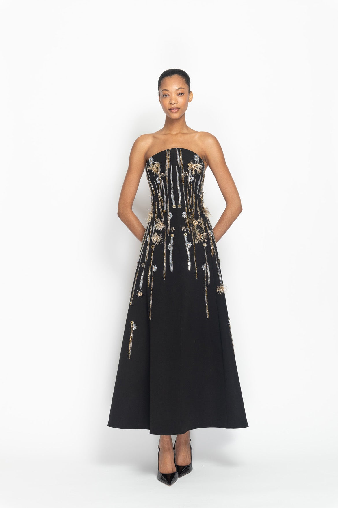 Onyx Cady Crystal Radicle Embroidered Strapless Cocktail Dress Front
