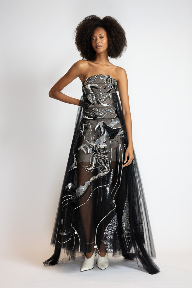 Black Rhyme Embroidered Tulle Strapless Evening Dress 2