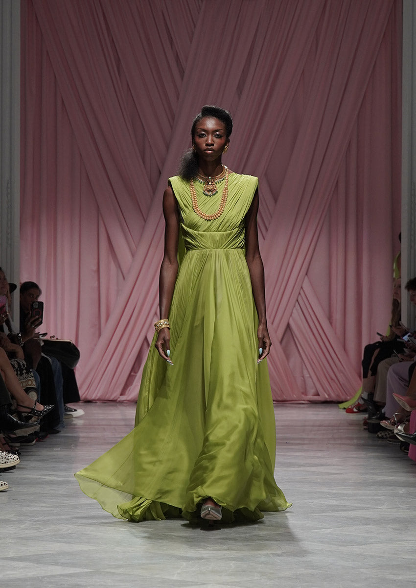 Parrot Silk Mousseline Gown with Pleated Inserts and Double-Pallu Train 1