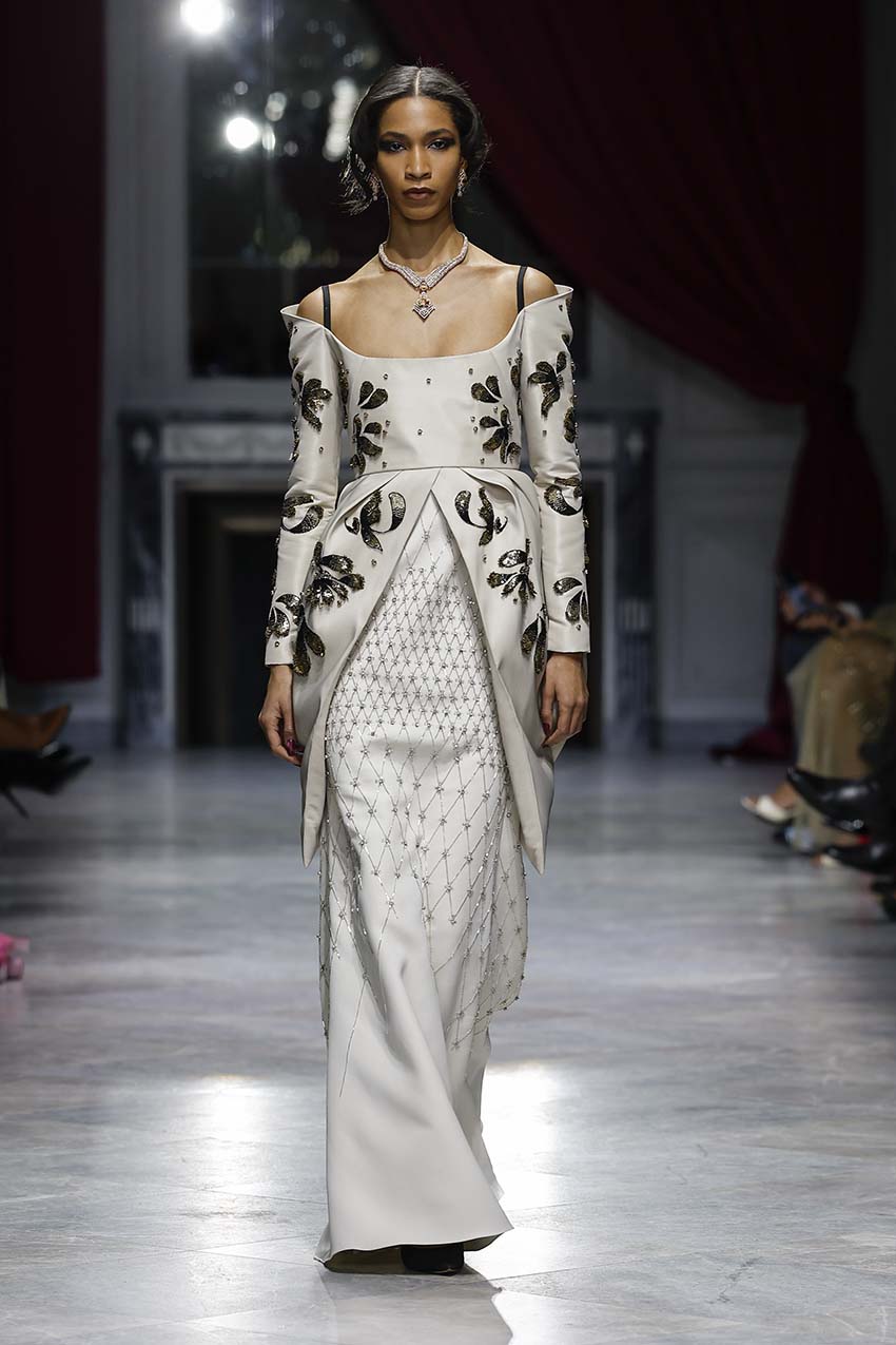 Stone Faille and Cady Gown with Noor-Jaal Embroidery and Petal Drapes Front Runway