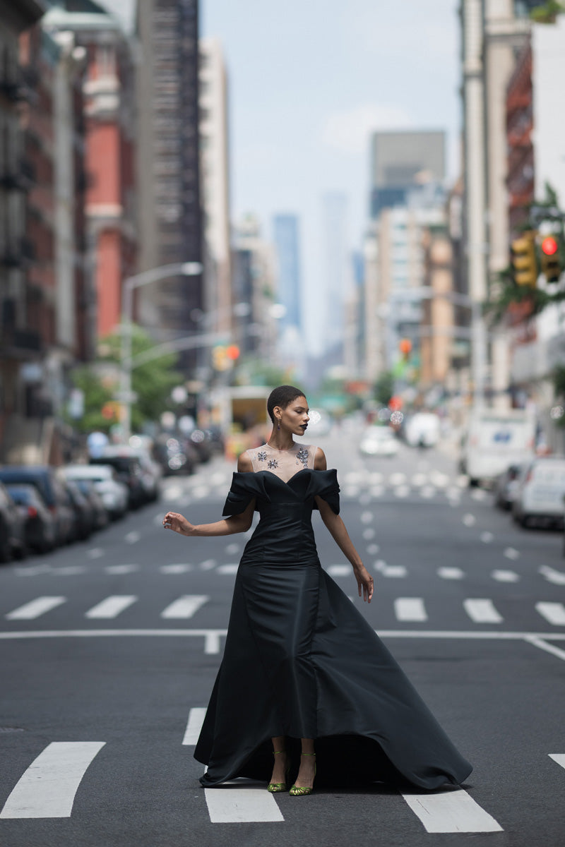 Faille Gown With Column Train Skirt And Starburst Crystal Embroidery With Petal Drape 1