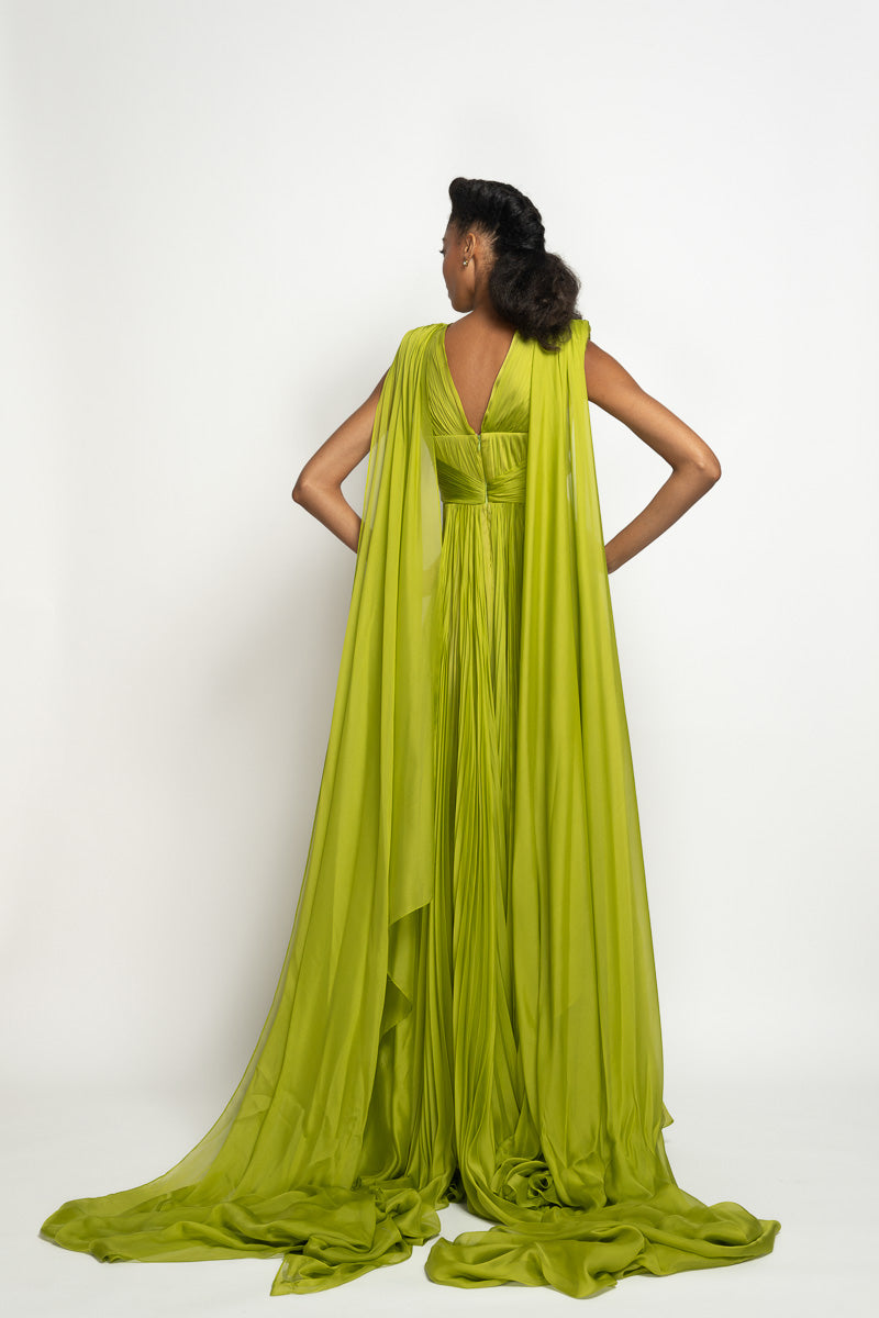 Parrot Silk Mousseline Gown with Pleated Inserts and Double-Pallu Train 5