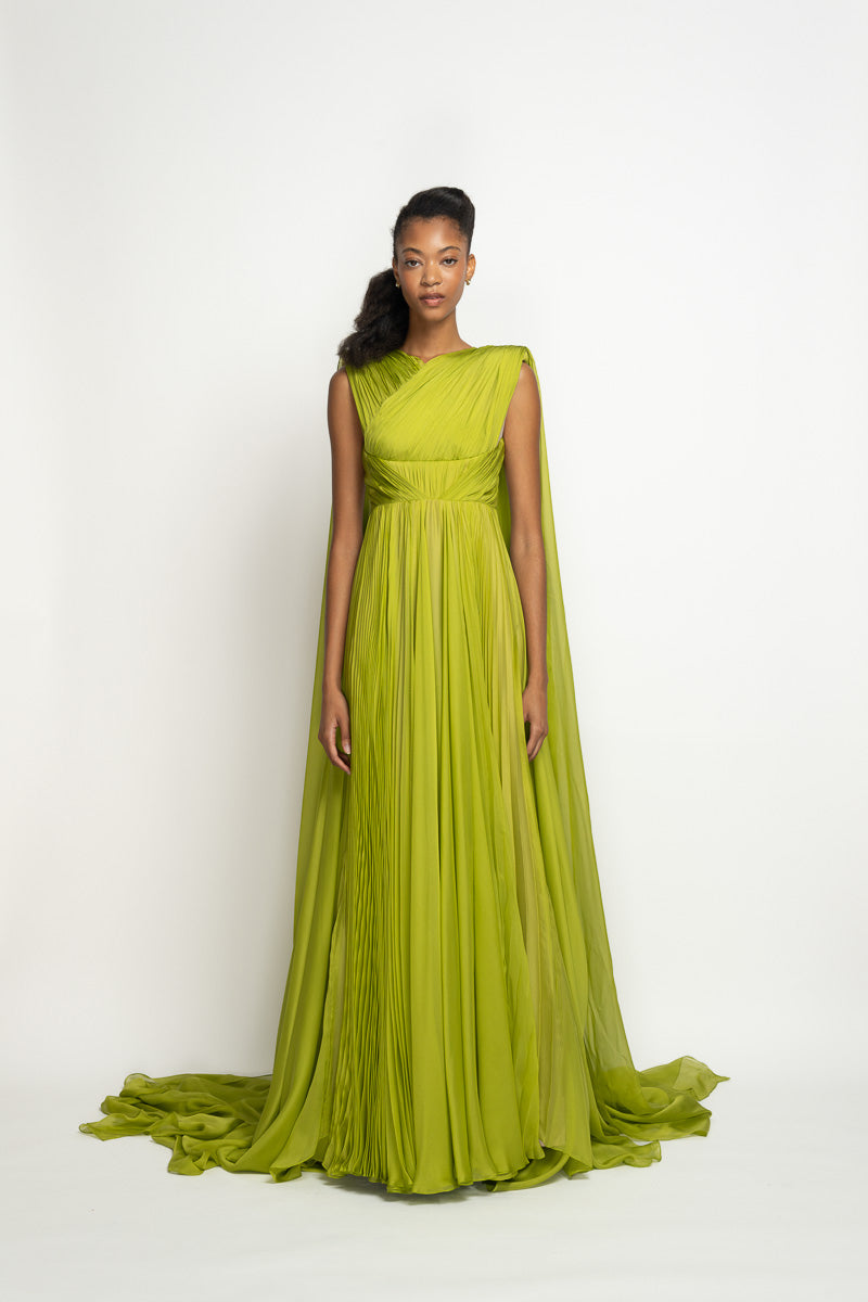 Parrot Silk Mousseline Gown with Pleated Inserts and Double-Pallu Train 2