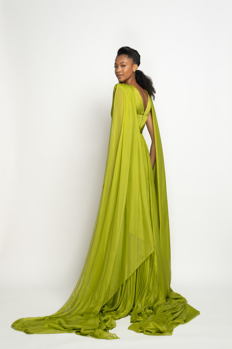 Parrot Silk Mousseline Gown with Pleated Inserts and Double-Pallu Train 4