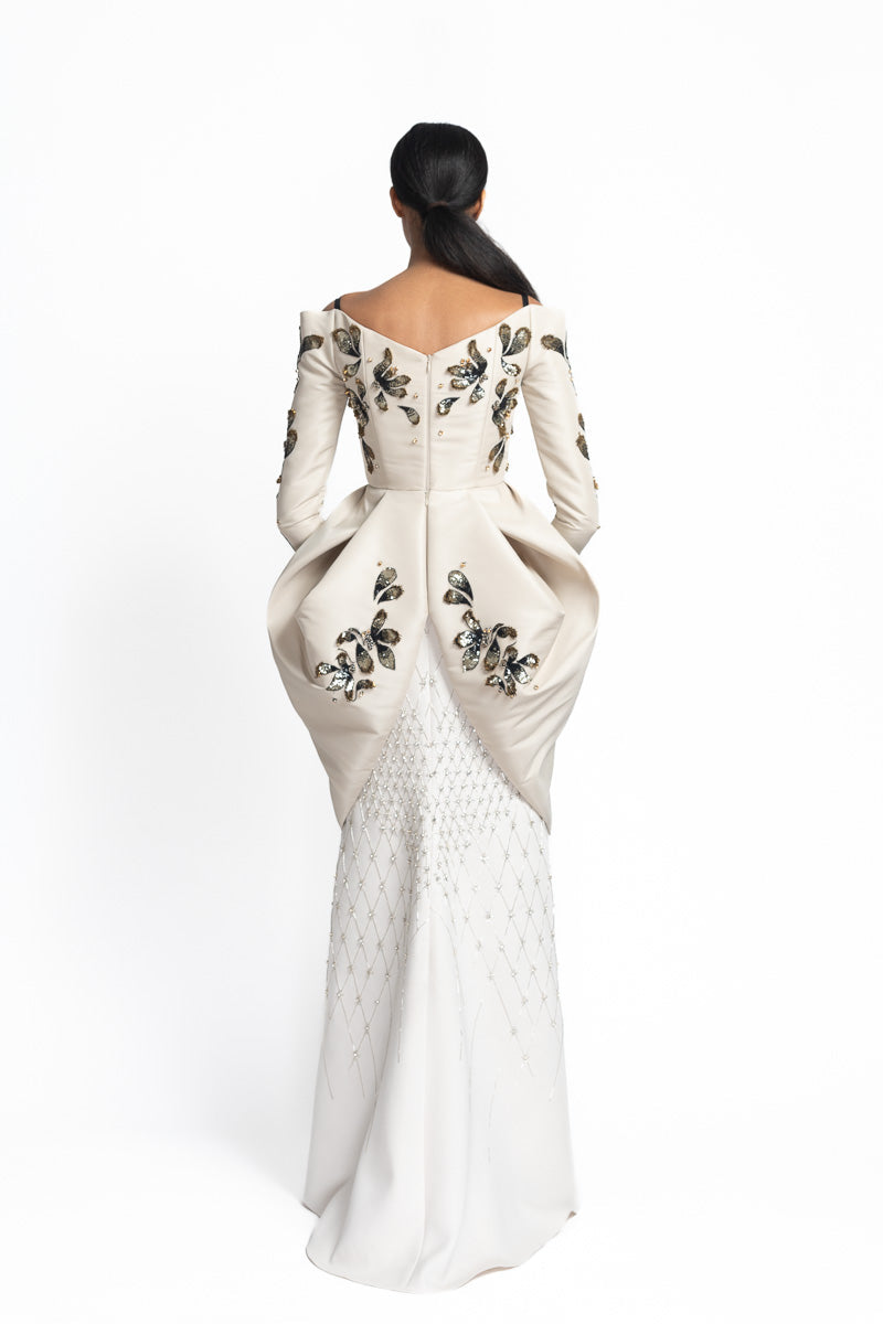 Stone Faille and Cady Gown with Noor-Jaal Embroidery and Petal Drapes Back