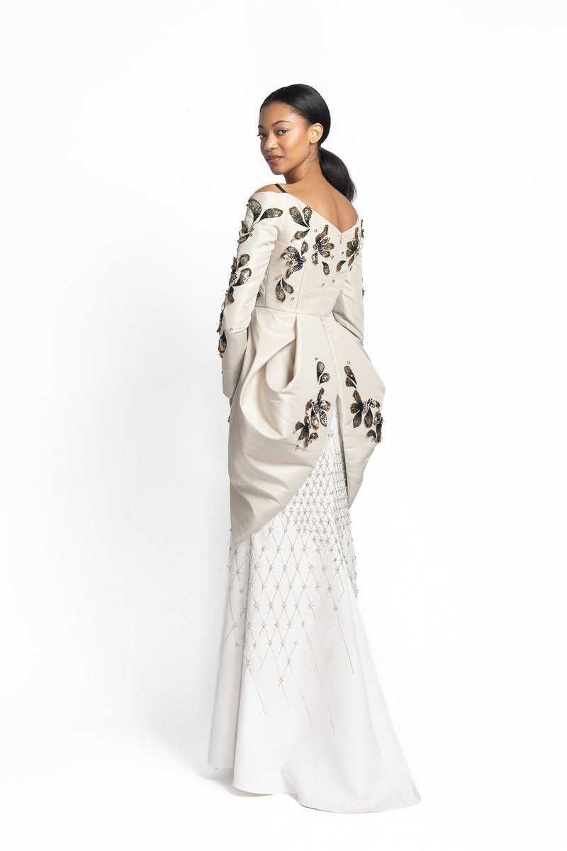 Stone Faille and Cady Gown with Noor-Jaal Embroidery and Petal Drapes Side Two