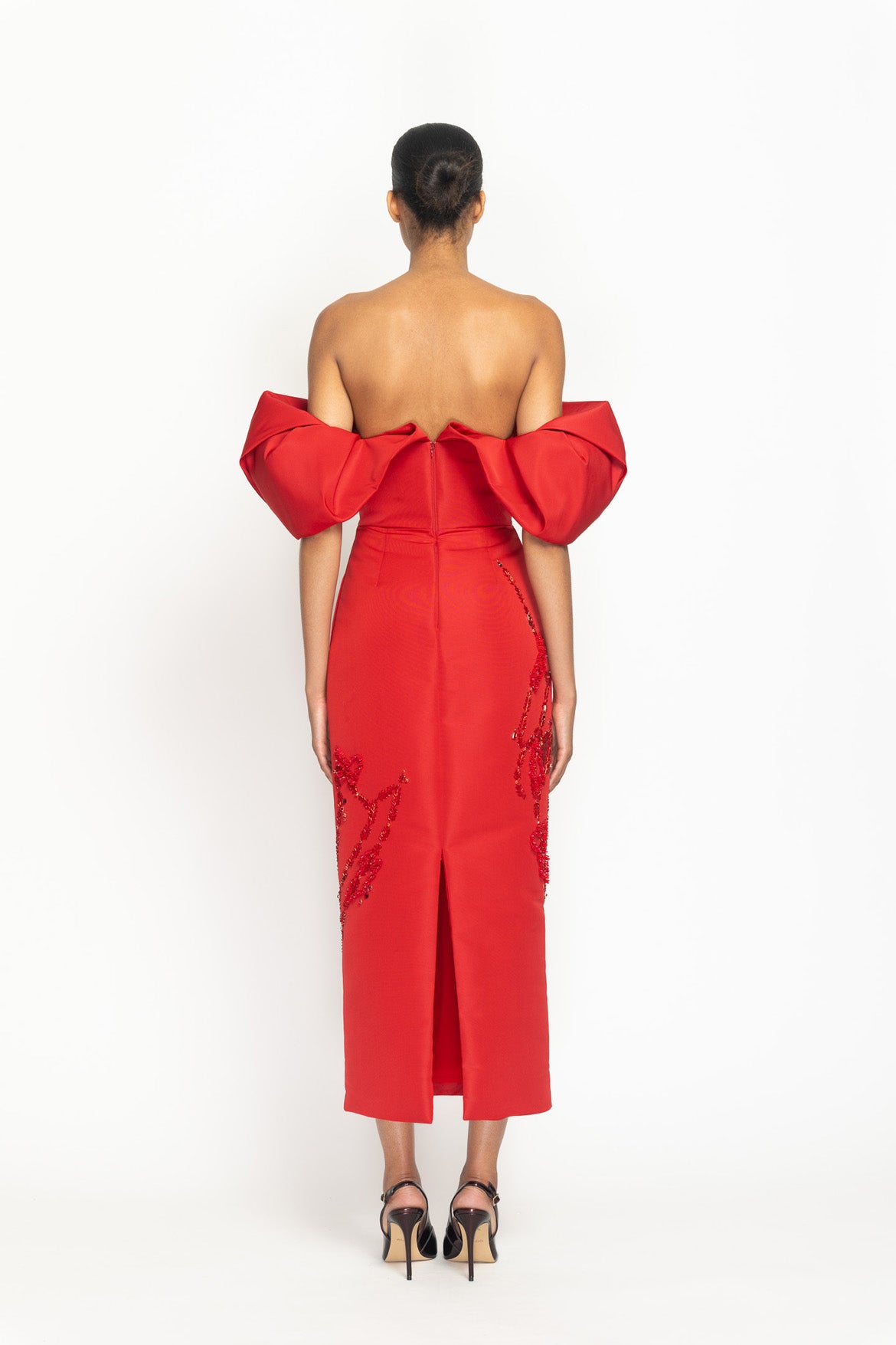 Sindoor Faille Hex Weave Embroidered Dress with Draped Bodice Back