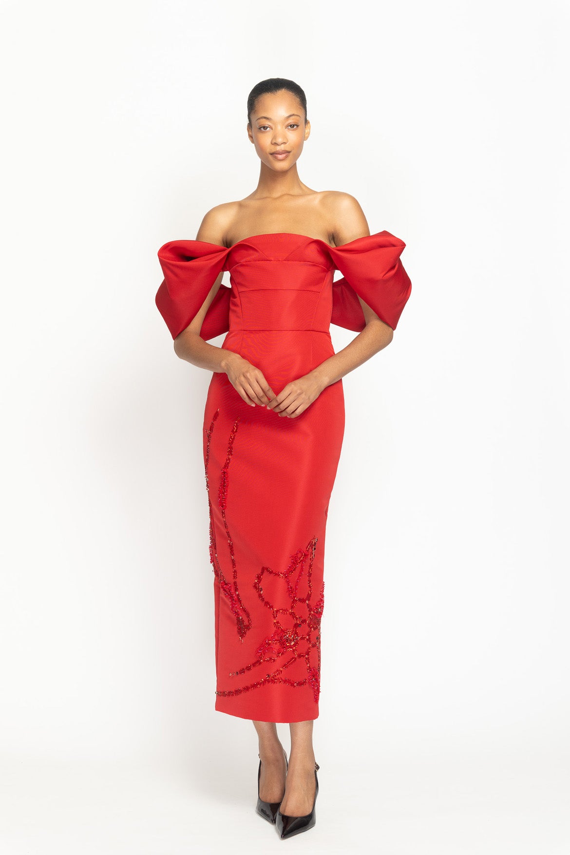 Sindoor Faille Hex Weave Embroidered Dress with Draped Bodice Front