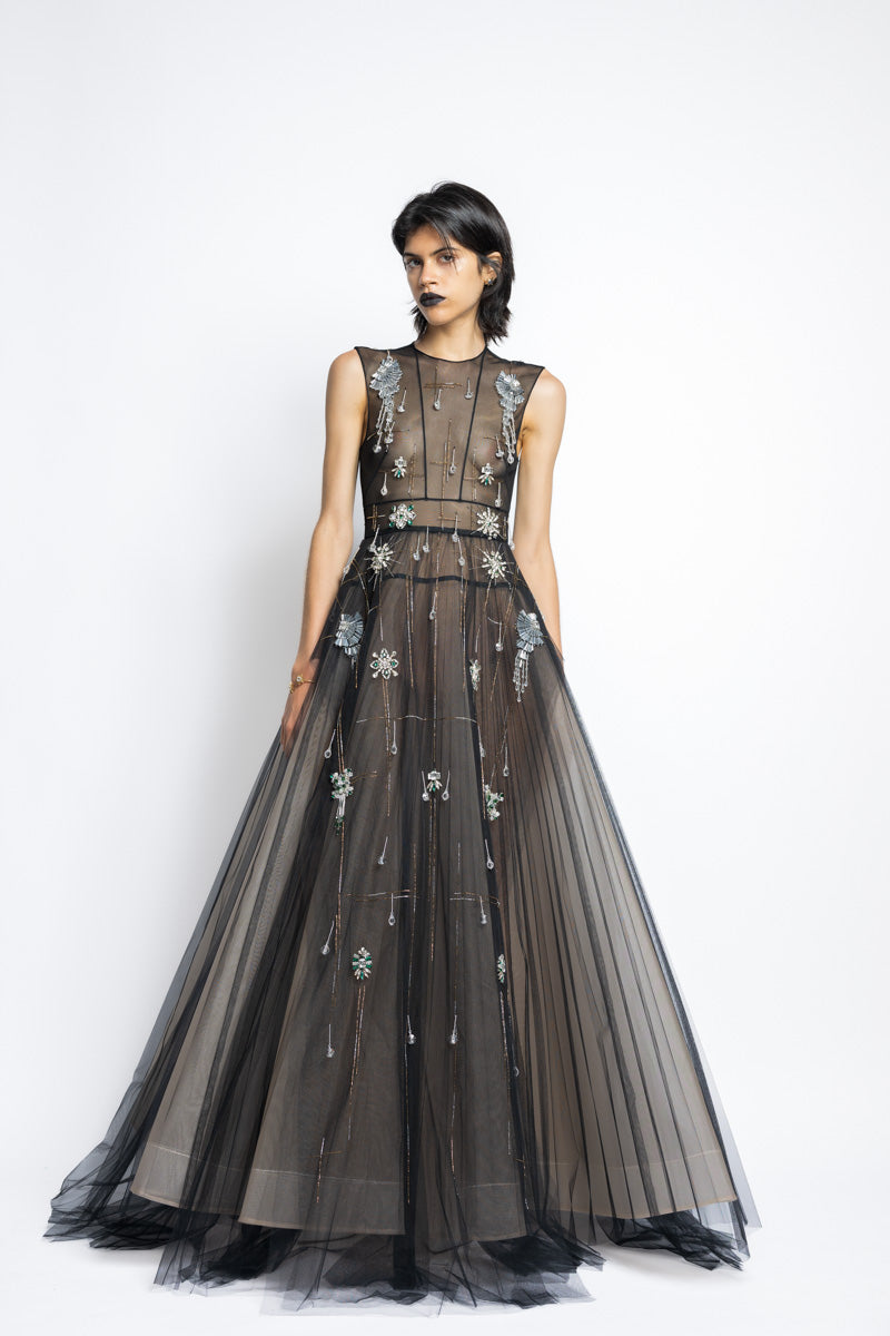 Tulle Morning Glory Lattice Crystal Embroidery Gown With Pleated Ball Skirt 3