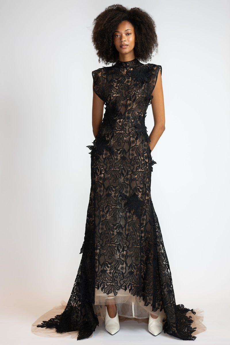 Black Nomad Lace Column Gown With Trumpet Train 2