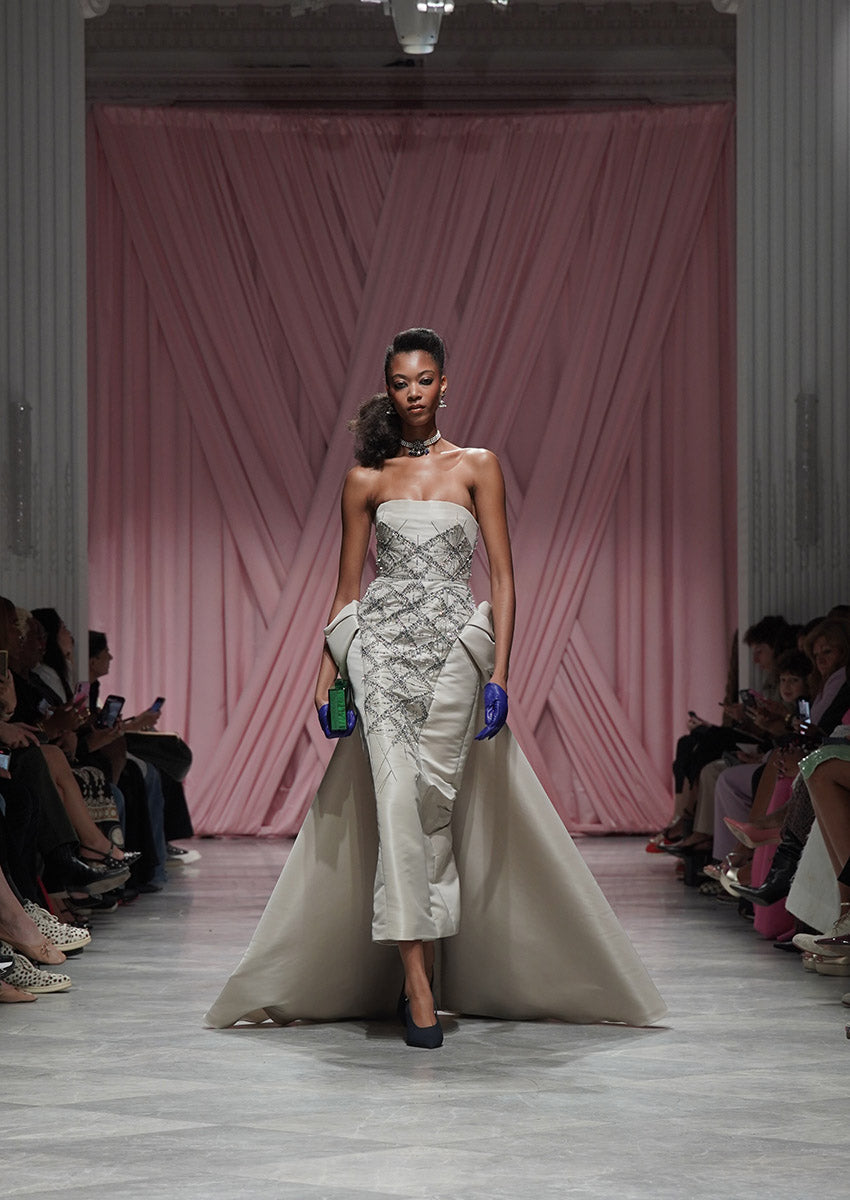 Sitara Embroidered Stone Faille Strapless Gown with Moulded Train 1