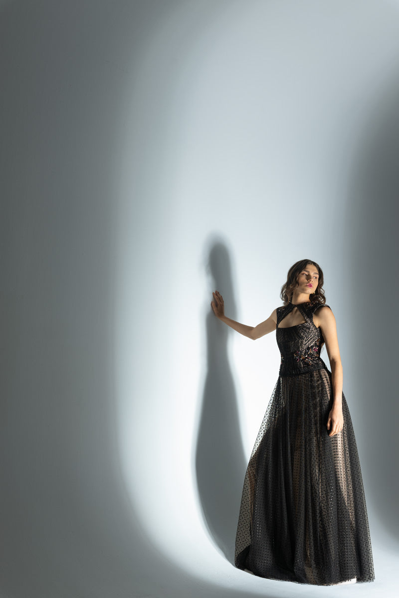 Onyx Point d’Esprit Hand Pleated Gown with Bodice Cutout Front Runway