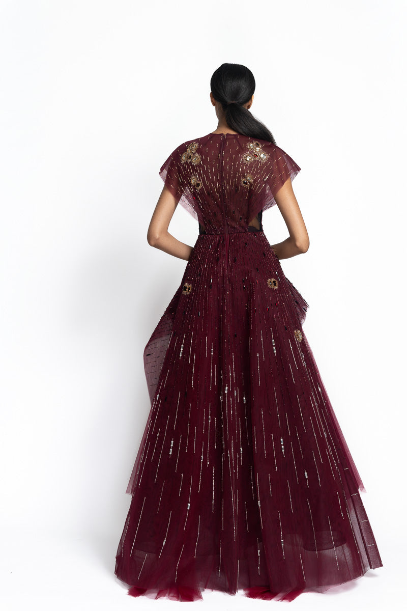 Claret Tulle Gown with Chakra Embroidery Back