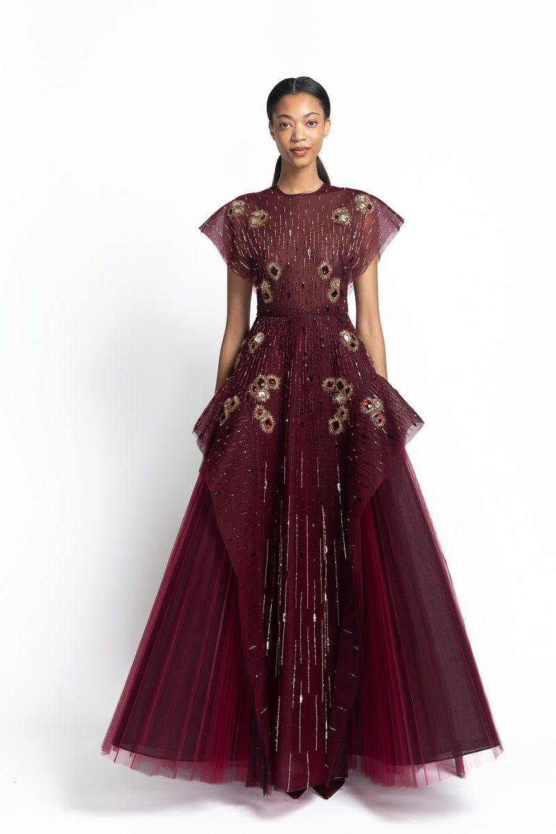 Onyx Jugnu Embroidered Tulle and Rose Double Duchess Dress with Iris D