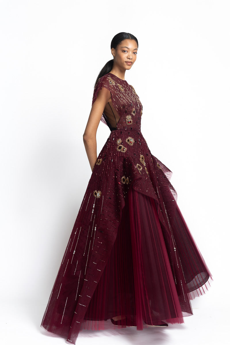 Claret Tulle Gown with Chakra Embroidery Side One