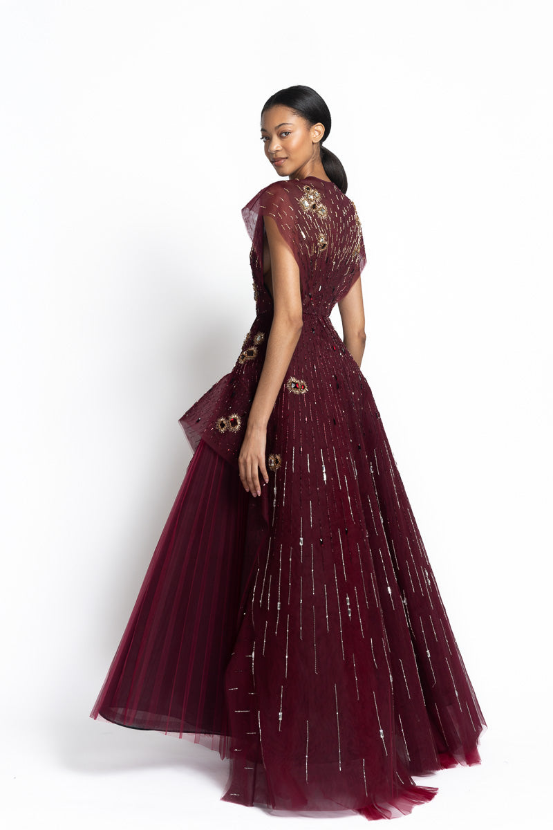 Claret Tulle Gown with Chakra Embroidery Side Two