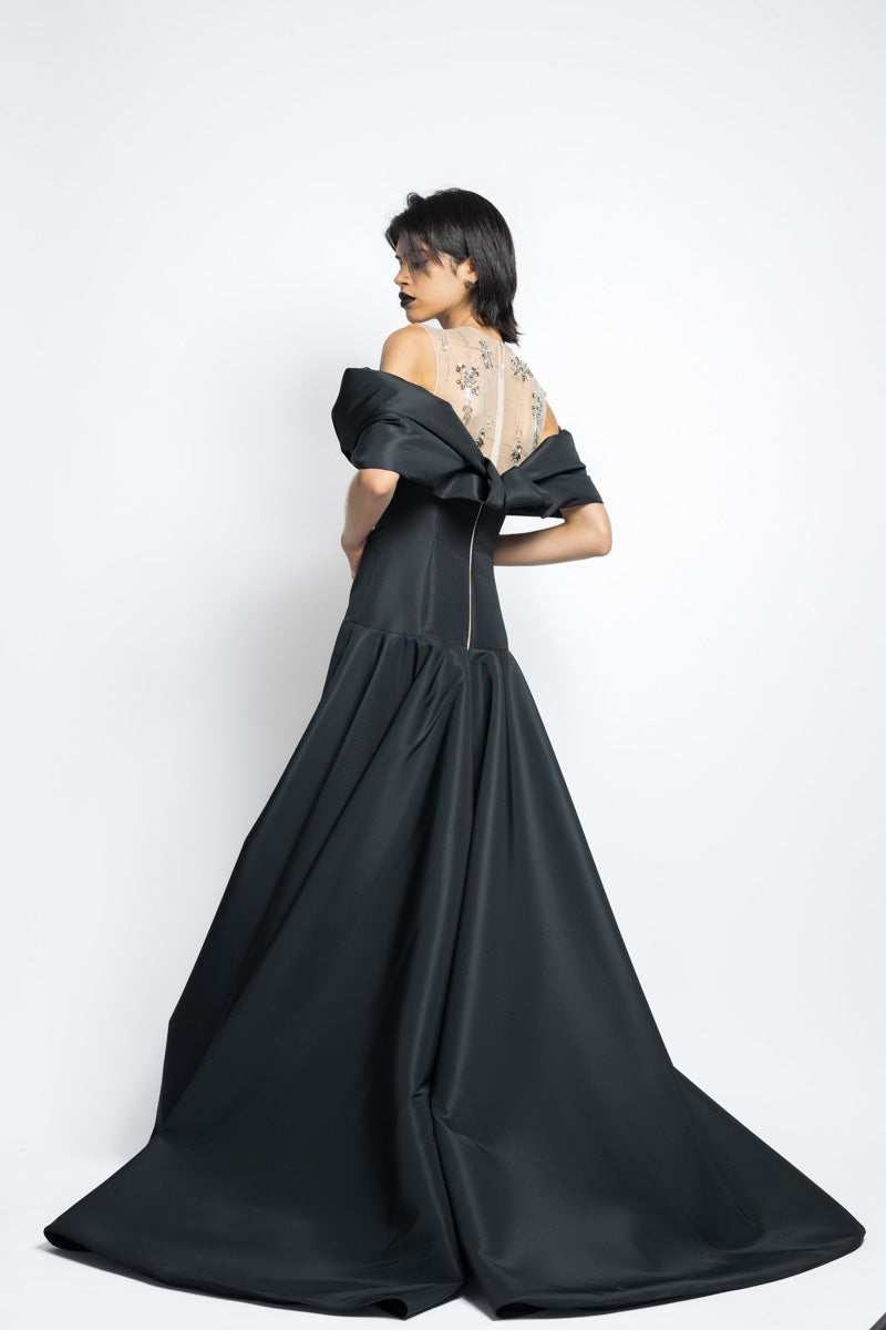 Faille Gown With Column Train Skirt And Starburst Crystal Embroidery With Petal Drape 7