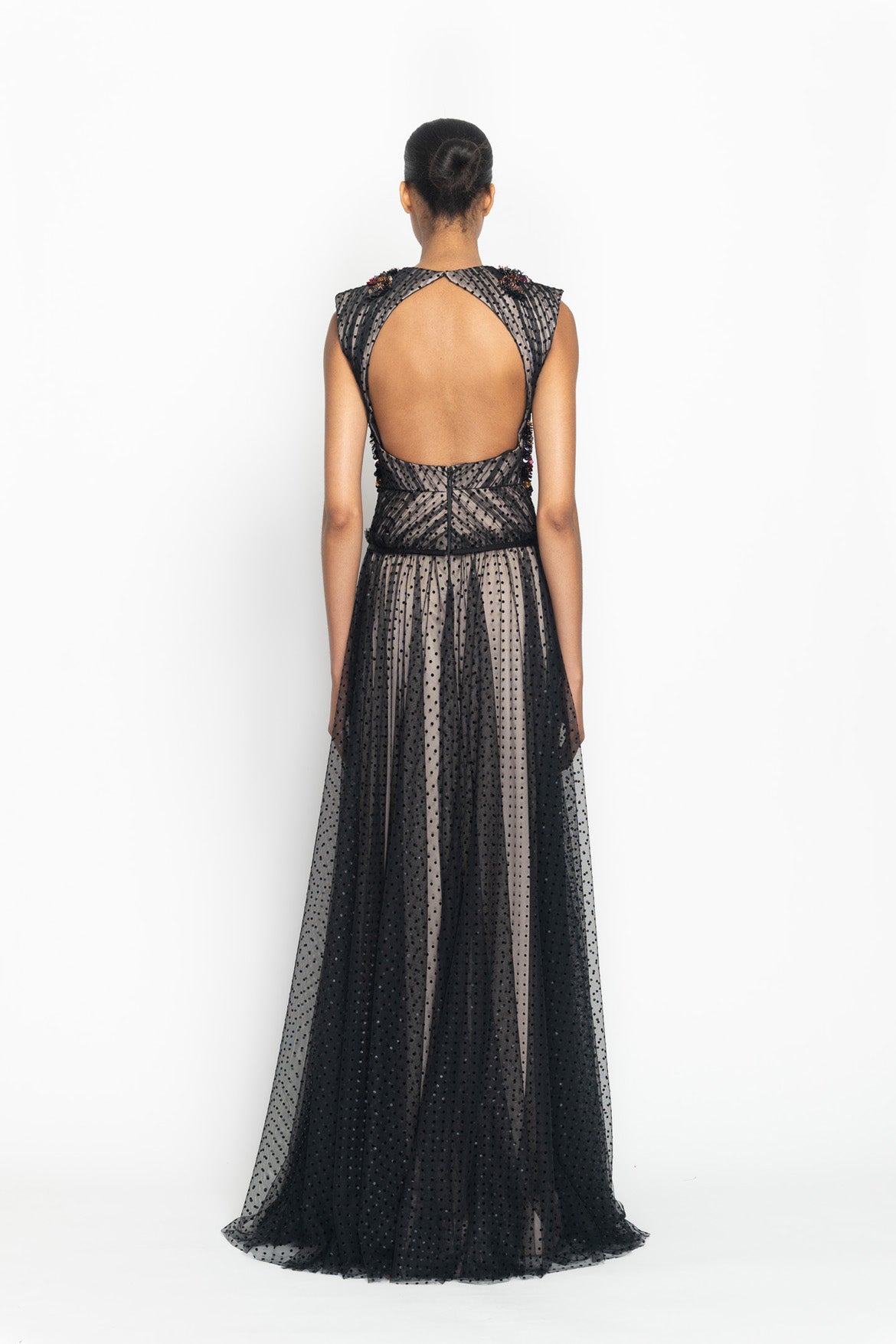 Onyx Point d’Esprit Hand Pleated Gown with Bodice Cutout Back