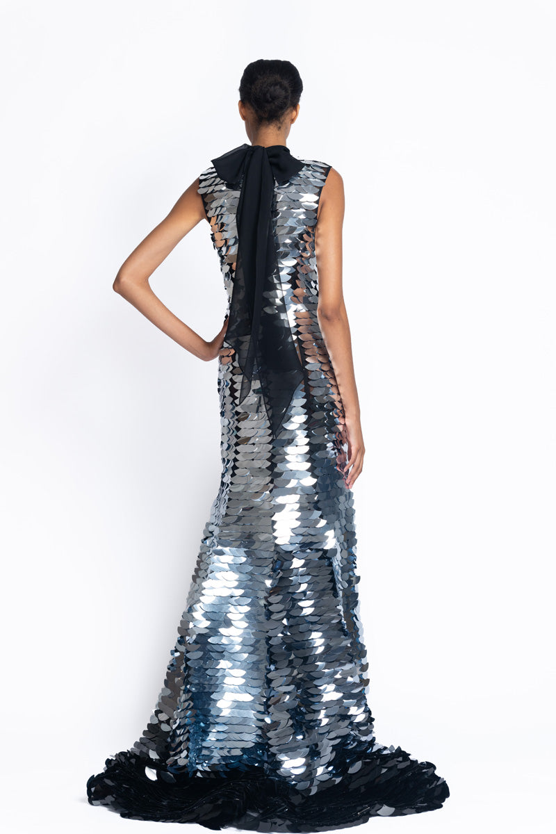 Silver To Onyx Wave Embroidered Tulle Gown 5