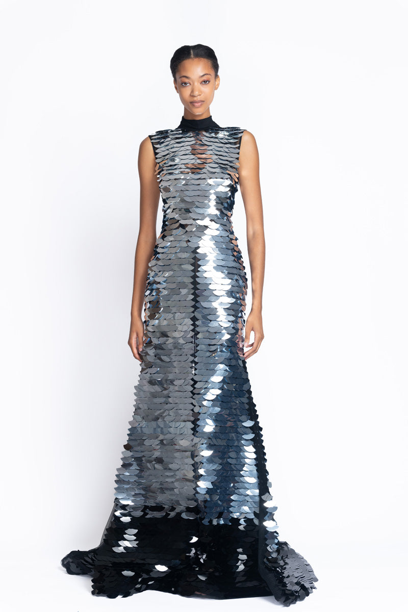 Silver To Onyx Wave Embroidered Tulle Gown 2