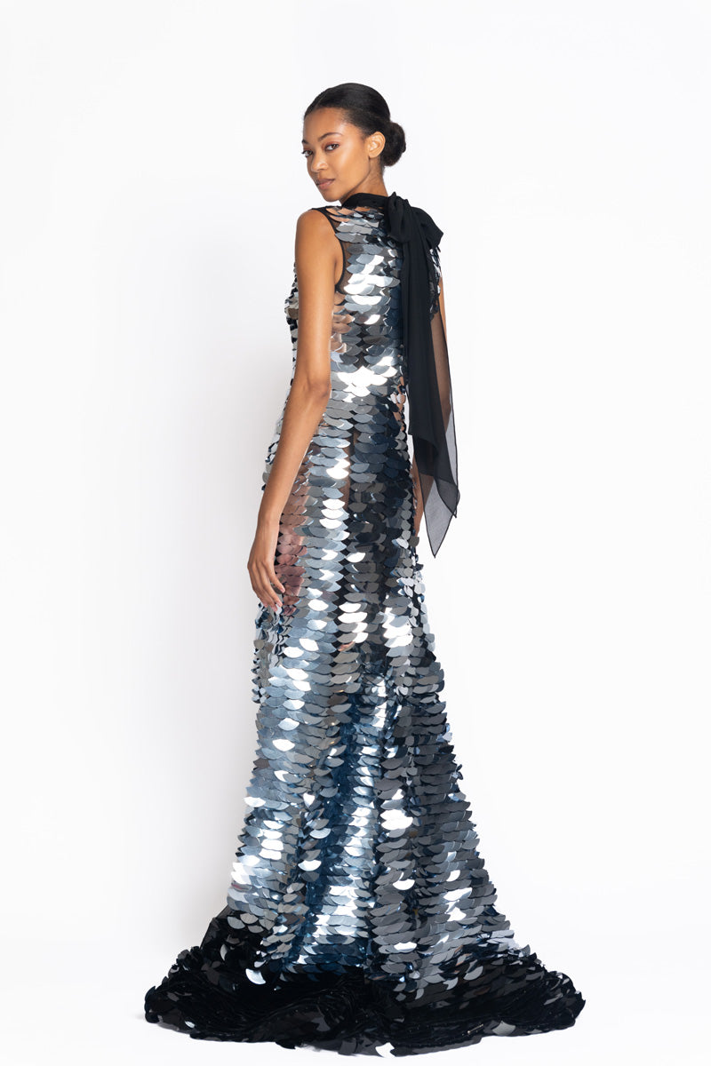 Silver To Onyx Wave Embroidered Tulle Gown 4