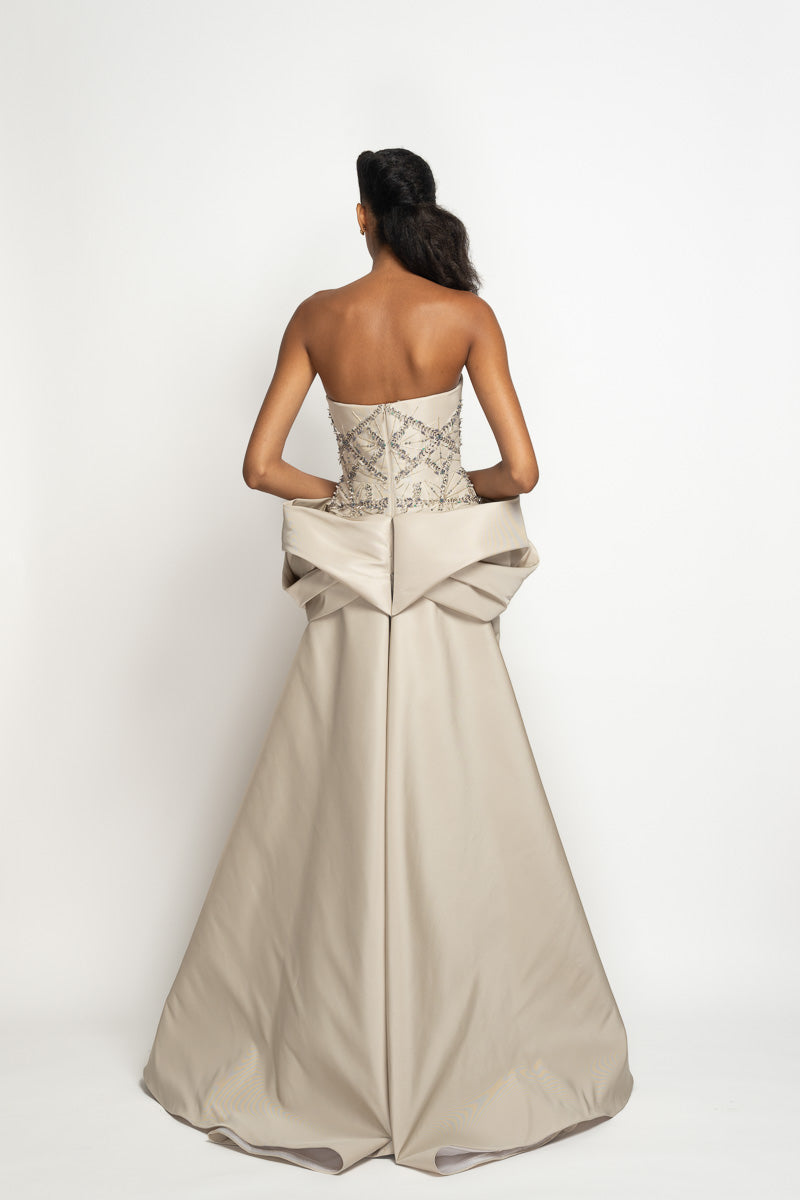 Sitara Embroidered Stone Faille Strapless Gown with Moulded Train 5