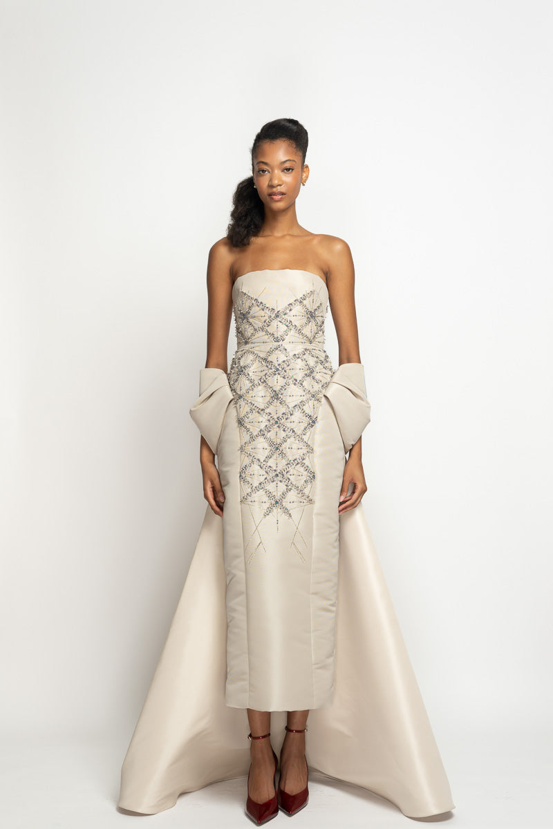 Sitara Embroidered Stone Faille Strapless Gown with Moulded Train 2