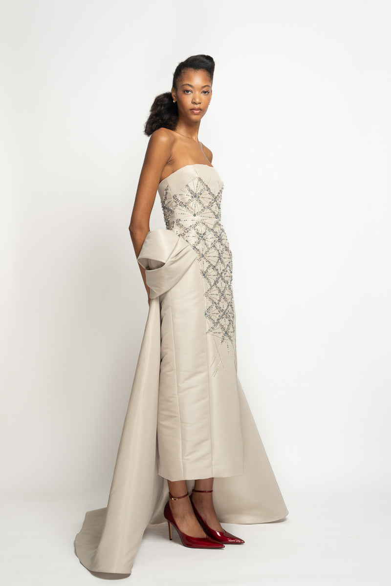 Sitara Embroidered Stone Faille Strapless Gown with Moulded Train 3