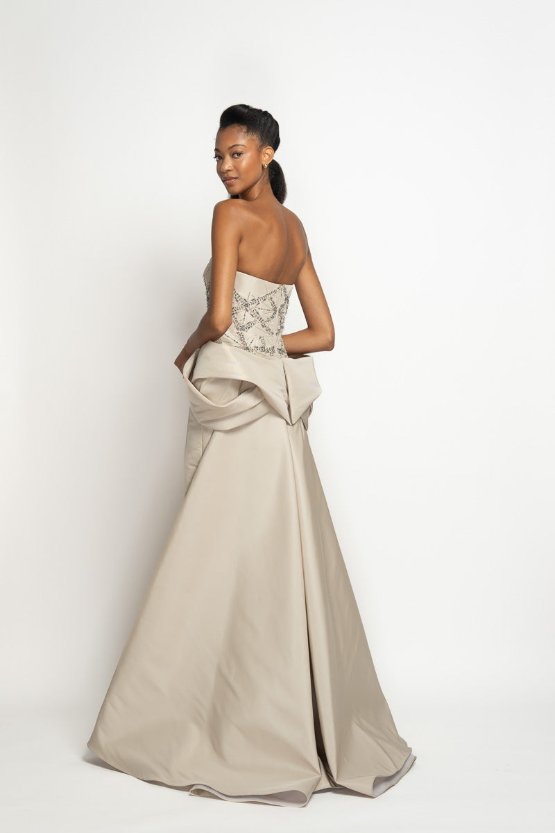 Sitara Embroidered Stone Faille Strapless Gown with Moulded Train 4