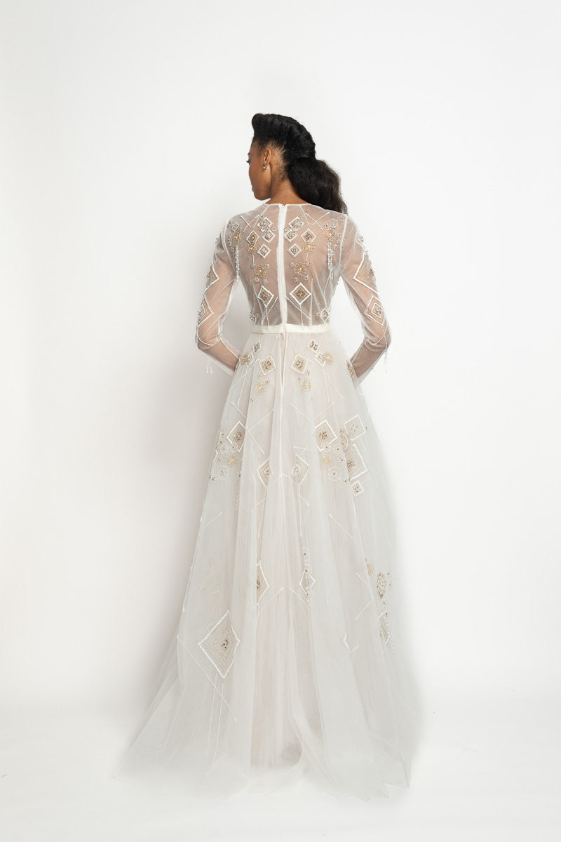 Alpana Embroidered Ivory Tulle Gown with Peplum Train and Pleated Skirt 5