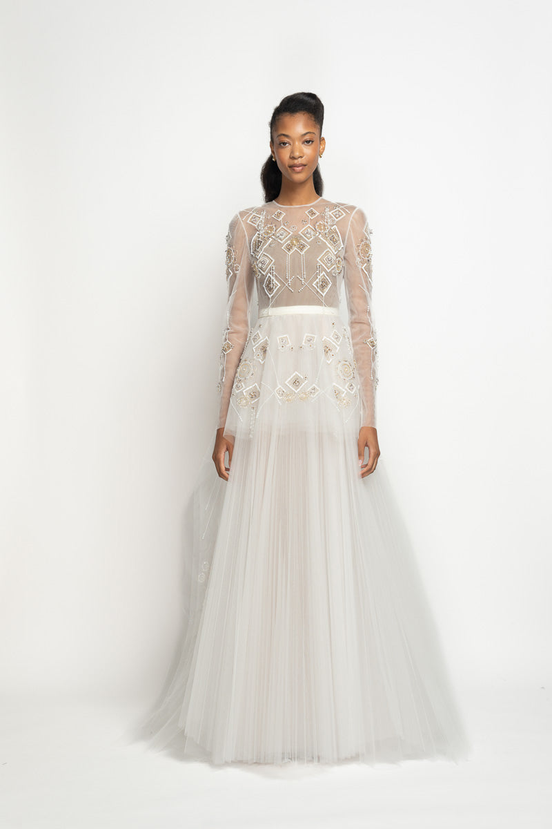 Alpana Embroidered Ivory Tulle Gown with Peplum Train and Pleated Skirt 2
