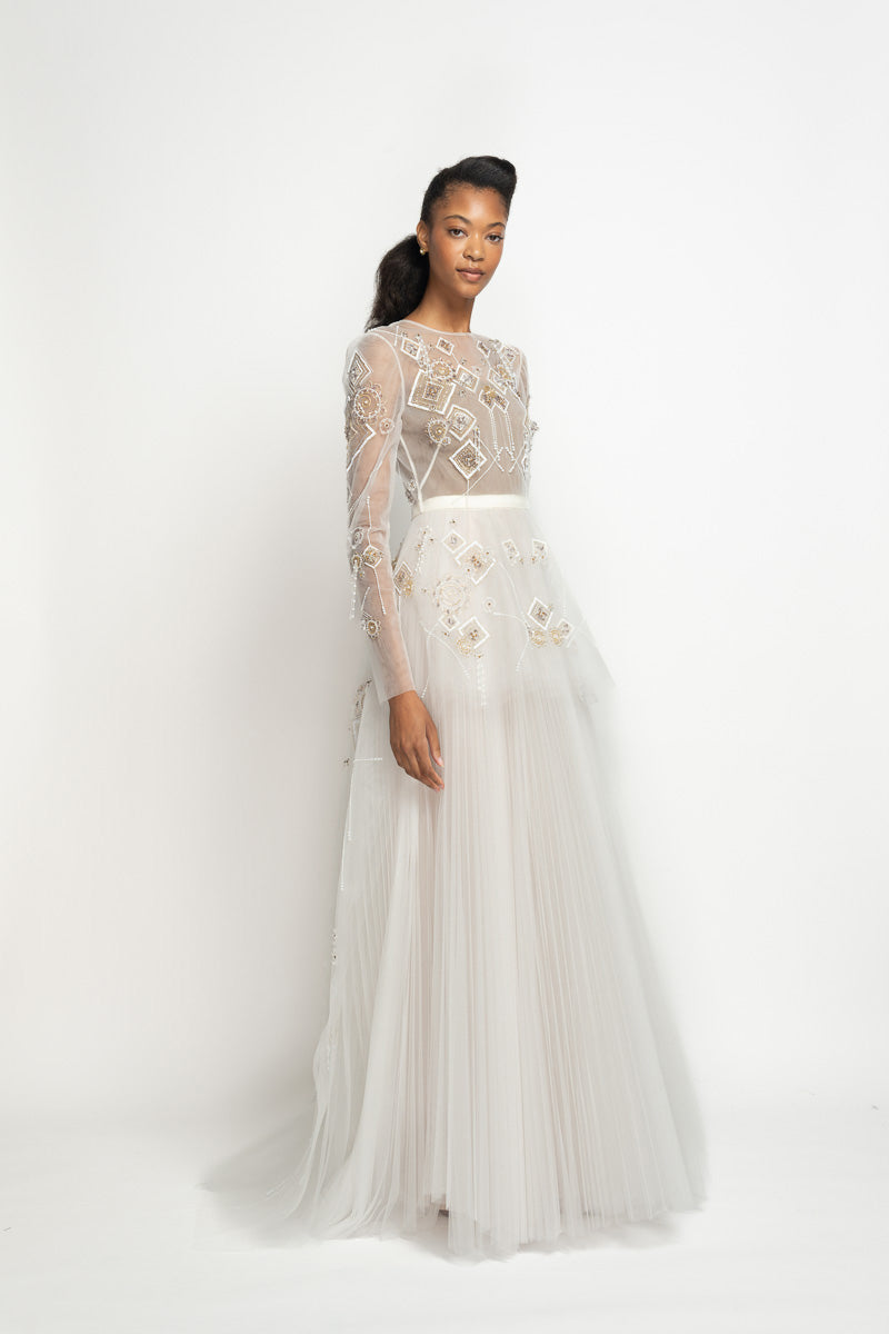 Alpana Embroidered Ivory Tulle Gown with Peplum Train and Pleated Skirt 3