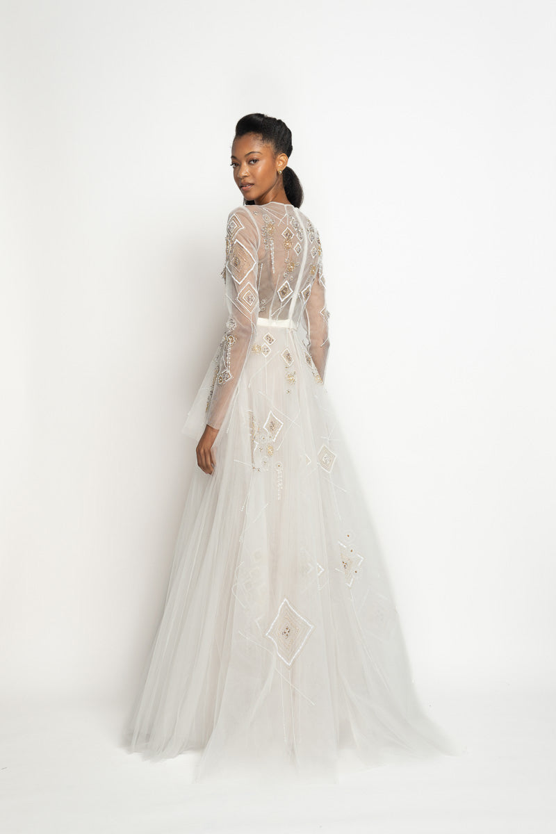 Alpana Embroidered Ivory Tulle Gown with Peplum Train and Pleated Skirt 4