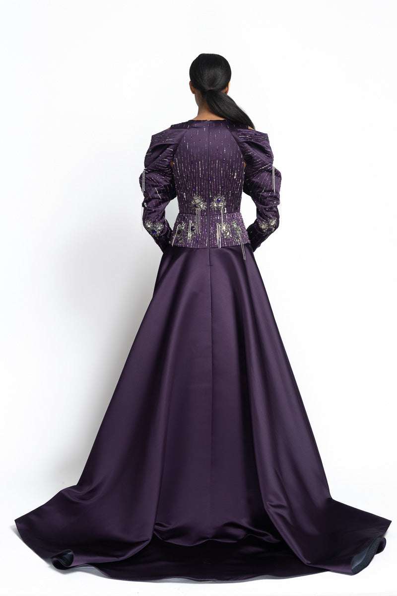Amethyst Double Duchess Satin Gown with Amrapali Draped Sleeves and Chakra Embroidery Back