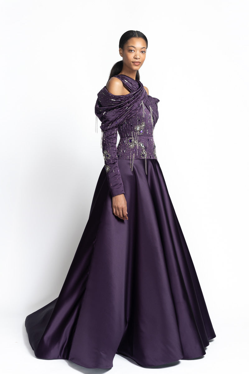 Amethyst Double Duchess Satin Gown with Amrapali Draped Sleeves and Chakra Embroidery Side One