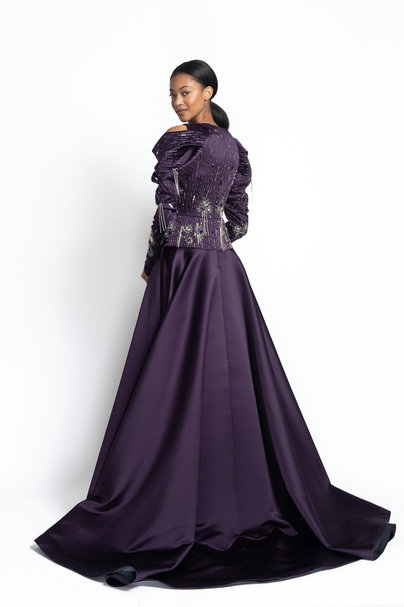 Amethyst Double Duchess Satin Gown with Amrapali Draped Sleeves and Chakra Embroidery Side Two