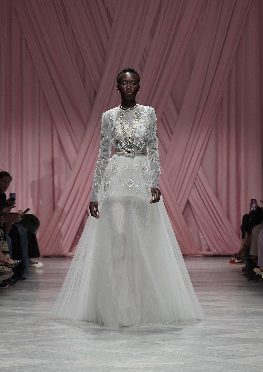 Alpana Embroidered Ivory Tulle Gown with Peplum Train and Pleated Skirt 1