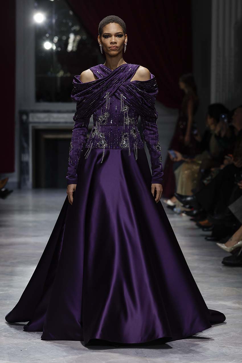 Amethyst Double Duchess Satin Gown with Amrapali Draped Sleeves and Chakra Embroidery Front Runway
