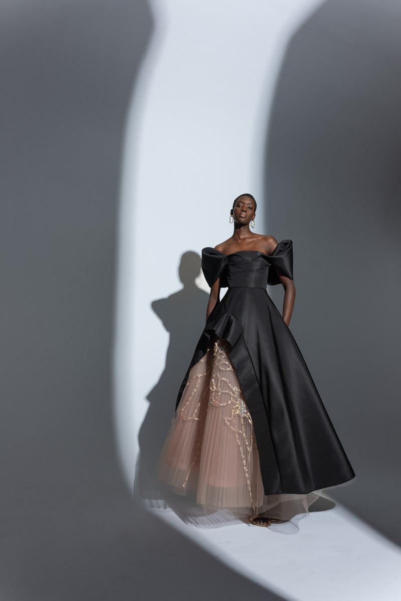 Onyx Faille Gown with Arched Overskirt and Hex Weave Embroidered Pleated Tulle Underskirt Front Runway
