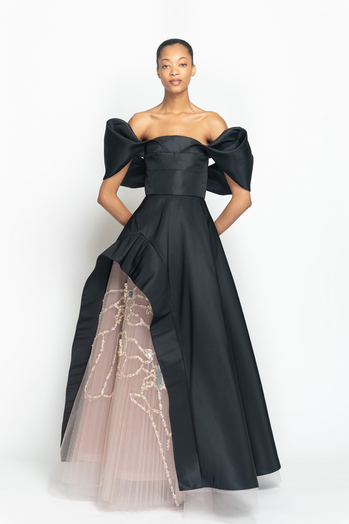 Onyx Faille Gown with Arched Overskirt and Hex Weave Embroidered Pleated Tulle Underskirt Front