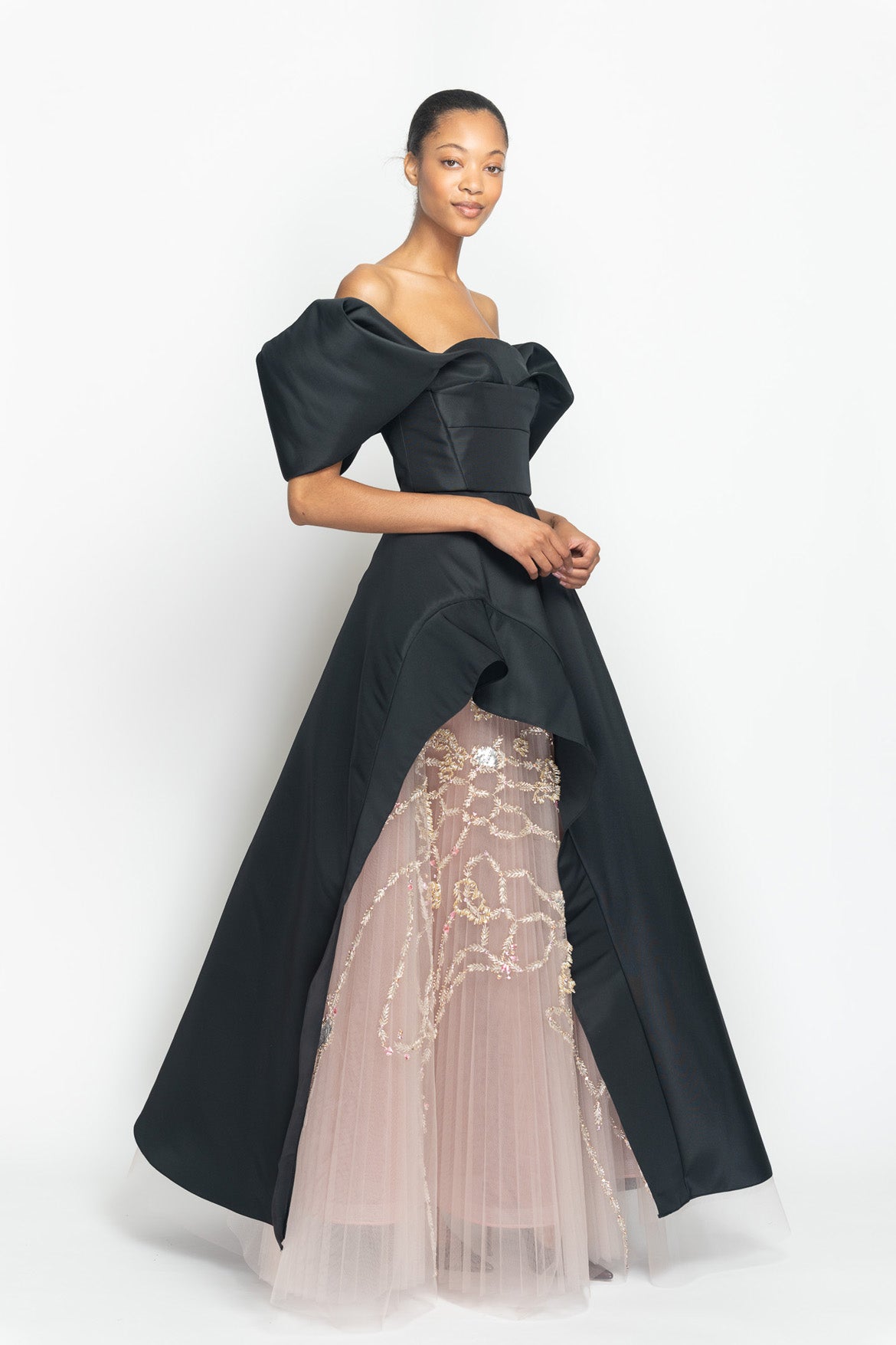 Onyx Faille Gown with Arched Overskirt and Hex Weave Embroidered Pleated Tulle Underskirt Side One