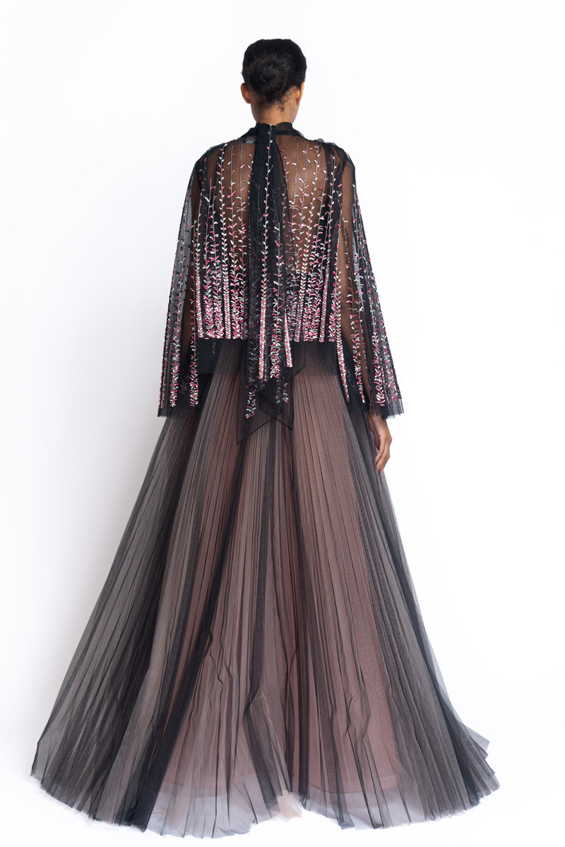 Tuscan Embroidered Onyx Gown with Bell Sleeves And Pleated Skirt 5